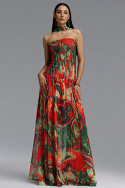 Roxany Vintage Contour Halter Strapless Scarf Fluid Oil Paint Maxi Dress